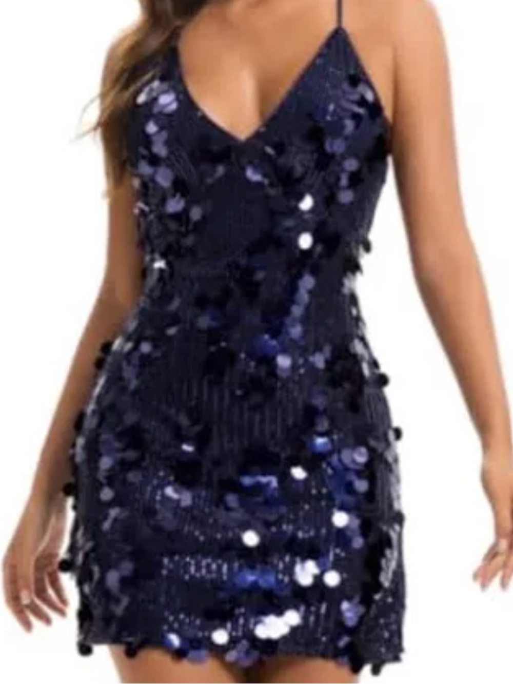 Navy Sexy Sequin Mini Dress with Tie Straps. NIOP. Stretch. Large